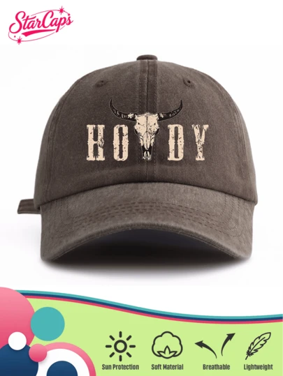 1 Pc Unisex Vintage Washed Baseball Cap - Western "HOWDY" Lettering With Bull Skull Silhouette Graphic - Available In Earth Tones & Retro Colors - Soft Texture Adjustable Dad Hat For Cowboy Style, Outdoor & Vintage Fashion Wear