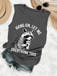 Plus Size-Plus Size - Humorous Style Raccoon Drink Hang On, Let Letter Print Sleeveless Round Neck Vest - 1XL-5XL-1XL-5XL - 深灰色 - 查看 5