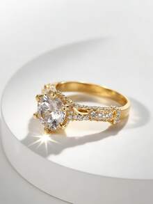 Charm-In 18K Gold Plated Copper Ring Vintage Crown Design Round Cut Cubic Zirconia Promise Ring For Women Wedding Jewelry - Gold - View 4