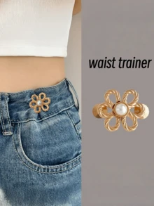 1/2pcs/Set Adjustable Elastic Waist Clip-On Flower Buckle, Suitable For Jeans, T-Shirts, Pants, No Sewing Required, Easy To Detach - Gold - View 6