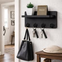 Organizador de llaves de madera decorativo con 4 ganchos dobles para montaje en pared, con estante de almacenamiento para entrada, decoración del hogar, cartas, paquetes, estilo vintage rústico, soporte para llaveros montado - 4 ganchos - Ver 1