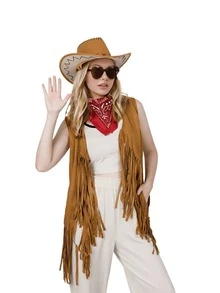 Bộ trang phục cao bồi miền Tây 3 món gồm áo vest tua rua, kính thời trang hình trái tim và khăn bandana, thích hợp cho buổi hòa nhạc đồng quê mùa hè. - Nhiều màu - Xem 4