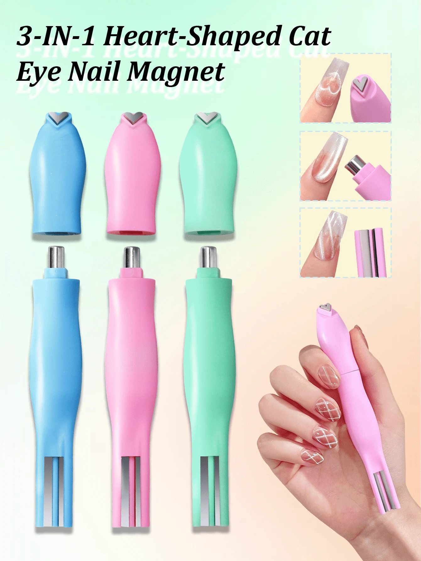 1pc 3-In-1 Heart-Shaped Snake Skin Cat Eye Magnetic Nail Stickers, Detachable Multi-Function Strong Magnetic Nail Stickers, Multi-Functional UV Gel French Cat Eye Nail Art Tool Magnet, Suitable For Home Manicure Salon DIY, Nail Art Supplies, Nail Tools, Back To School Season, Nail Art, False Nails, Nail Care Tools - Multicolor - View 1