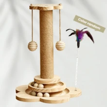Cat Scratching Post, Indoor Cat Interactive Furniture Toy, 4-In-1 Wooden Cat Scratching Toy, 15.7" High Scratching Post With 2 Horizontal Cat Ball Tracks, Interactive Feather Toy And 2 Sisal Suspension Balls, Kitten Activity Center For Indoor Kittens And Adult Cats - Màu gỗ - Xem 12