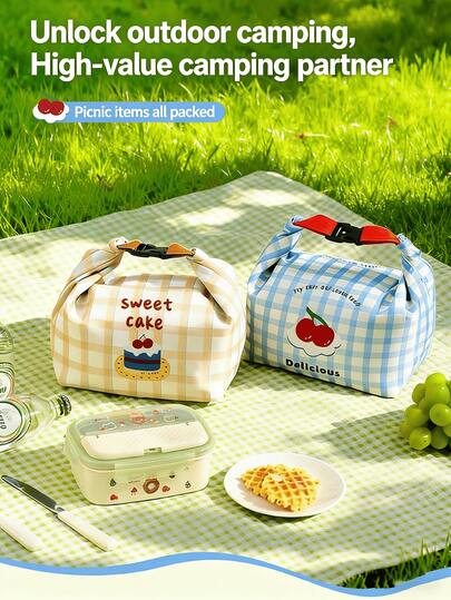 Cute Cherry & Plaid Insulated Lunch Bag, Reusable Portable Tote Lunch Bag With Buckle Handle, Leak-Proof Thermal Lunch Box For Work, Picnic, School, Stylish Snack Bag, Durable Lunch Container, Ideal Gift For Students And Working Women