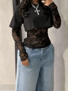 Casual Summer Women Lace Tops Going Out Lace Long Sleeve Top Concert For Women - Black - View 6