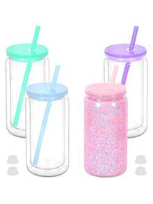 1PC 16oz Double Layer Clear Plastic Snow Globe Cup With Pre-Drilled Holes, Includes Colourful Lid And Straw, DIY Crafts For Office, Reading, Outdoor Camping Picnic - Multicolor - View 3