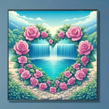 1件套全新心形玫瑰瀑布主题钻石画套装，5D圆形水晶钻石马赛克DIY工艺品，适合制作手工礼物，装饰客厅、卧室，可用于宰牲节、父亲节、母亲节、婚礼、五一劳动节、复活节、圣诞节、情人节等场合，无框。 - 查看 2