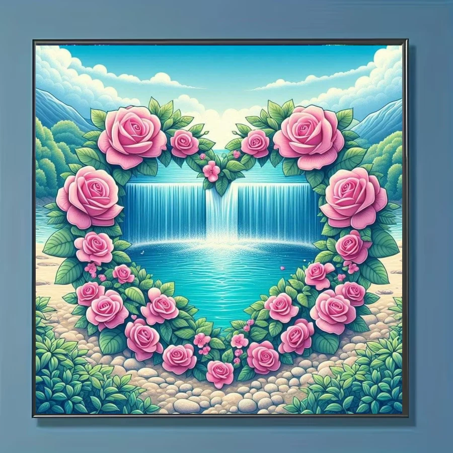 1件套全新心形玫瑰瀑布主题钻石画套装，5D圆形水晶钻石马赛克DIY工艺品，适合制作手工礼物，装饰客厅、卧室，可用于宰牲节、父亲节、母亲节、婚礼、五一劳动节、复活节、圣诞节、情人节等场合，无框。