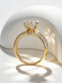 Charm-In Gold Plated Round CZ Solitaire Ring Double Row Crystal Engagement Jewelry For Women - Gold - View 4