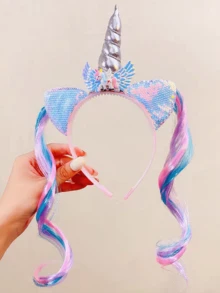 1pc Unicorn Headband, Princess Unicorn Wig, Halloween Party Performance Prop, Sequin Shell Hair Accessory Hair Band Hair Hoop,Summer,Holiday,Travel,Festival,Birthday - Multicolor - View 5