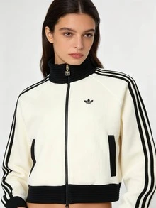 Adidas Originals 女士三条纹运动休闲夹克，户外休闲复古撞色夹克，无帽夹克，日常通勤夹克 - 乳白色 - 查看 1