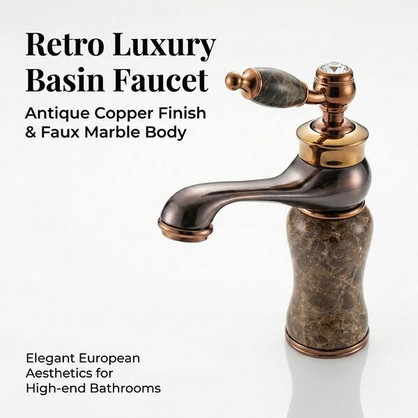 Luxury Red Bronze Faux Marble Bathroom Faucet, Single Hole Cold & Hot Basin Faucet, European Style Stone Texture Handle Mixer Valve, G1/2 Universal Thread, 2pcs 50CM Inlet Hoses, G3/8 Adapter Included