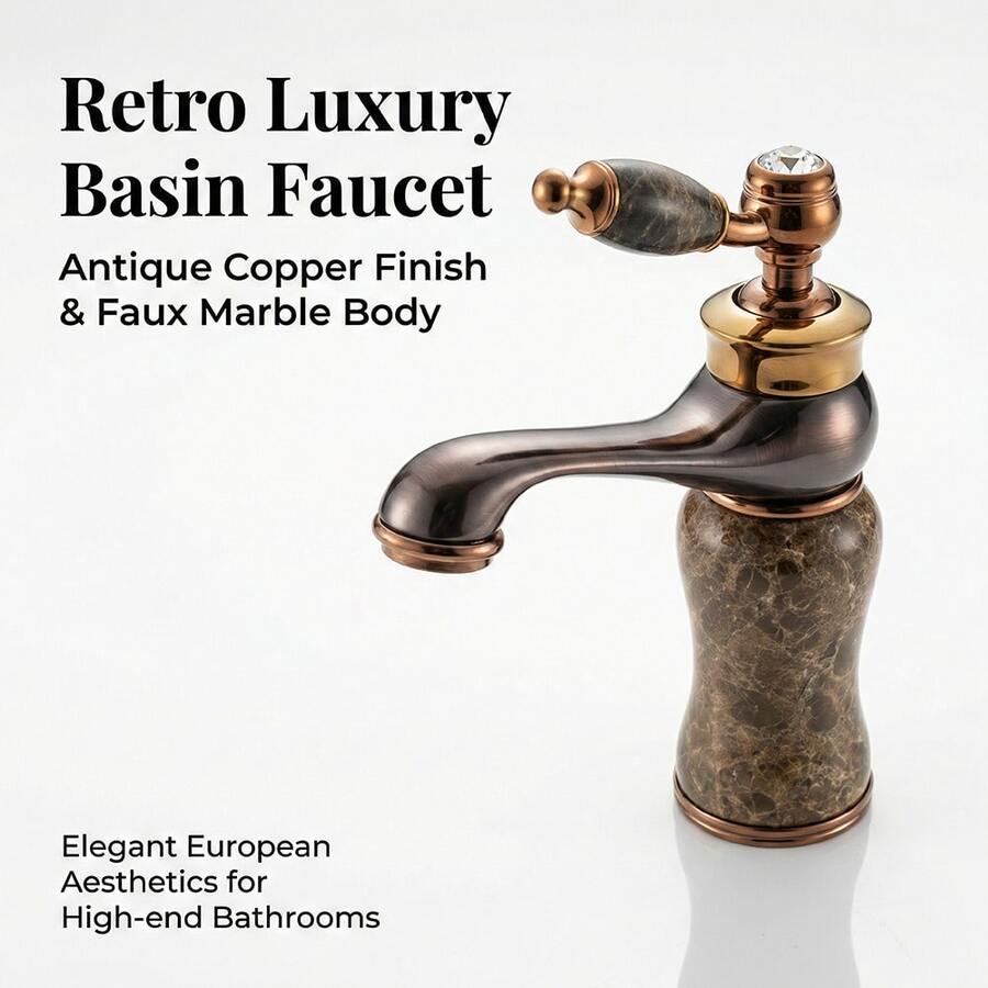 奢华红铜色仿大理石浴室水龙头，单孔冷热水面盆水龙头，欧式石纹手柄混水阀，G1/2通用螺纹，含2根50厘米进水软管和G3/8转接头 - ORB黑玉二個玉 - 查看 1