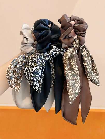 3pcs/Set French Floral Chiffon Scrunchies, Available In Black, Brown, Light Gray, Low Saturation Soft Tones, Versatile For Women - Suitable For Daily Commute, Dates, Picnics, Workplaces, Can Be Used As Hair Ties Or Wrist Accessories