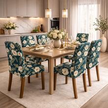 Chair Cover Set For 6 People, Kitchen/Dining Room, Printed Gel Knit - Petrol Green Floral - View 4