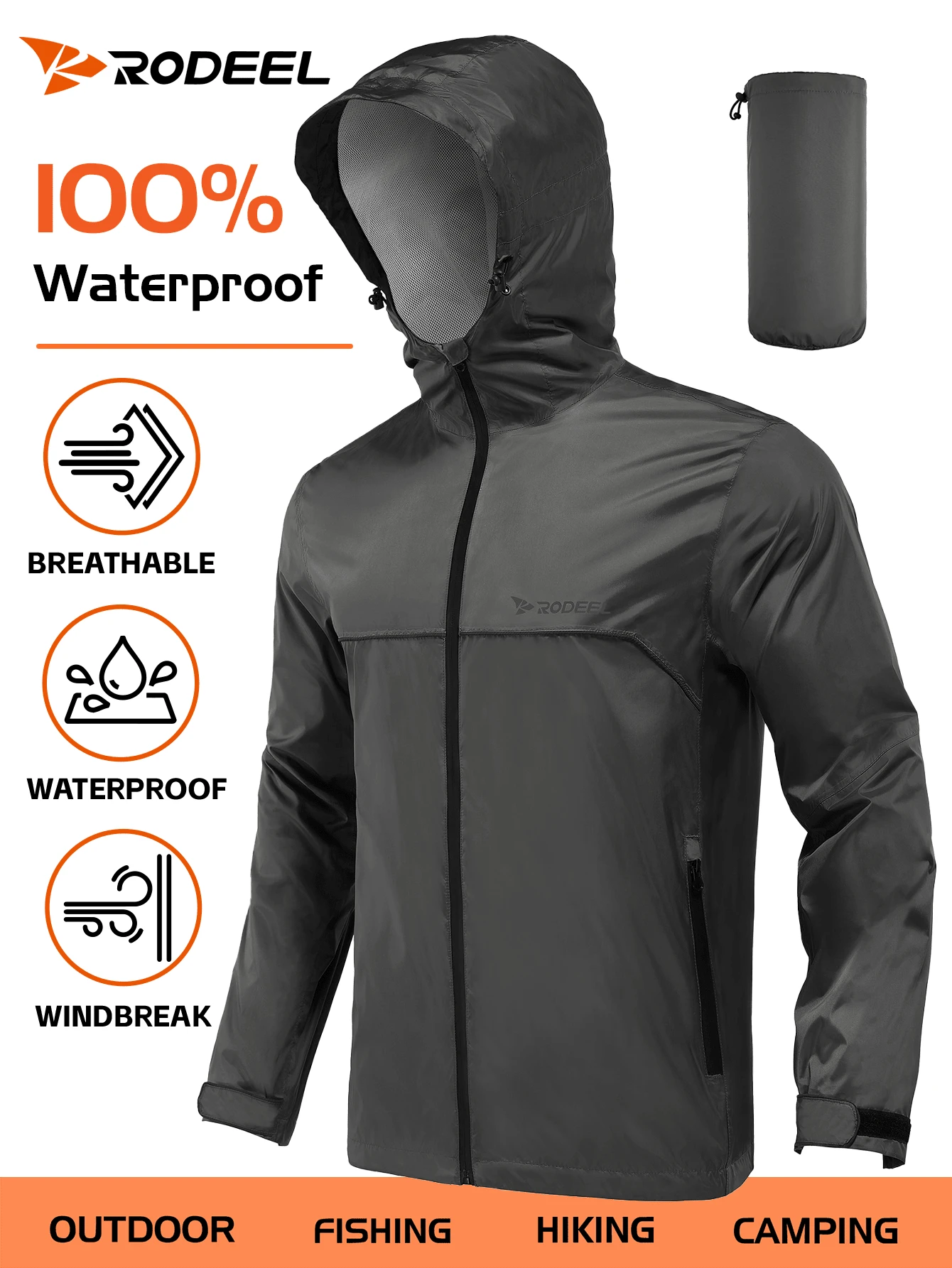 RODEEL Giacca da pioggia da ciclismo da uomo, design rifrangente, asciugatura rapida, durevole, leggera, ideale per attività all'aperto come pesca, costruzione, giardinaggio - Grigio - Visualizzare 1