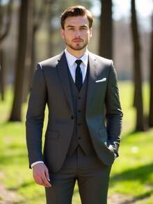 Men Slim Business Casual Suits Dress Three Pieces Set Jacket Pants Vest Male Wedding Groom Wedding Blazer Coat Trousers Waistcoat High-Quality Professional Commuting Suit Sets - Màu xám đen - Xem 1