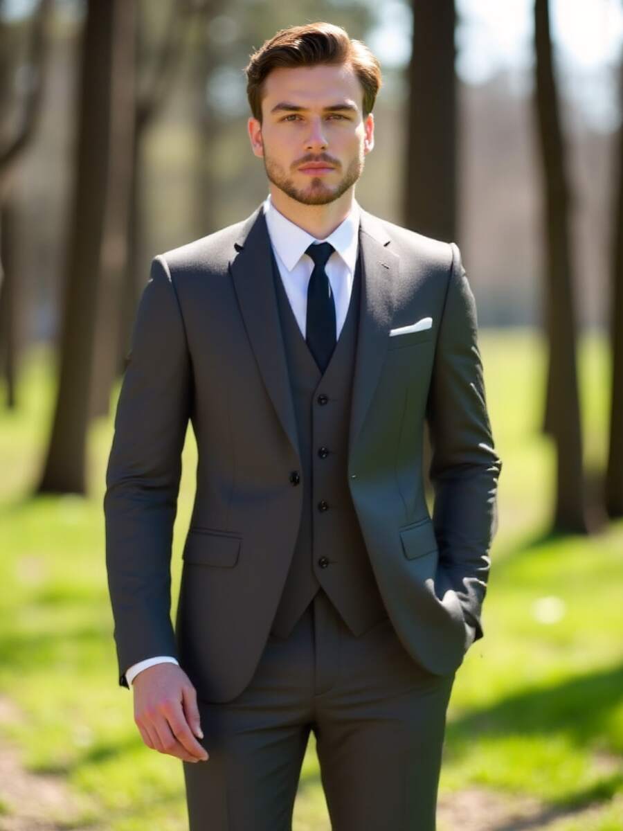Men Slim Business Casual Suits Dress Three Pieces Set Jacket Pants Vest Male Wedding Groom Wedding Blazer Coat Trousers Waistcoat High-Quality Professional Commuting Suit Sets - Màu xám đen - Xem 1