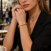 VceTd 1条朋克浪漫风格不锈钢链手链，带有闪亮的3D心形元素，适合女士时尚穿搭或派对佩戴。 - 金黃色 - 查看 7