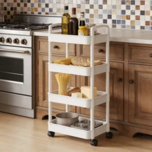 4-Tier Black & White Rolling Storage Cart With Wheels – Rattan-Style Plastic Organizer For Bedroom, Kitchen, Bathroom & Office | Mobile Shelf For Books, Snacks, Cosmetics & Tools Home Organization Essential For Renters, Students & Minimalists - White Thickened - View 8