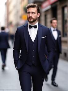 Men Slim Business Casual Suits Dress Three Pieces Set Jacket Pants Vest Male Wedding Groom Wedding Blazer Coat Trousers Waistcoat High-Quality Professional Commuting Suit Sets - Màu xanh hải quân - Xem 1