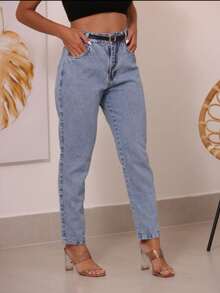 Women's High-Waisted Plain Jeans - 霧霾藍 - 查看 4