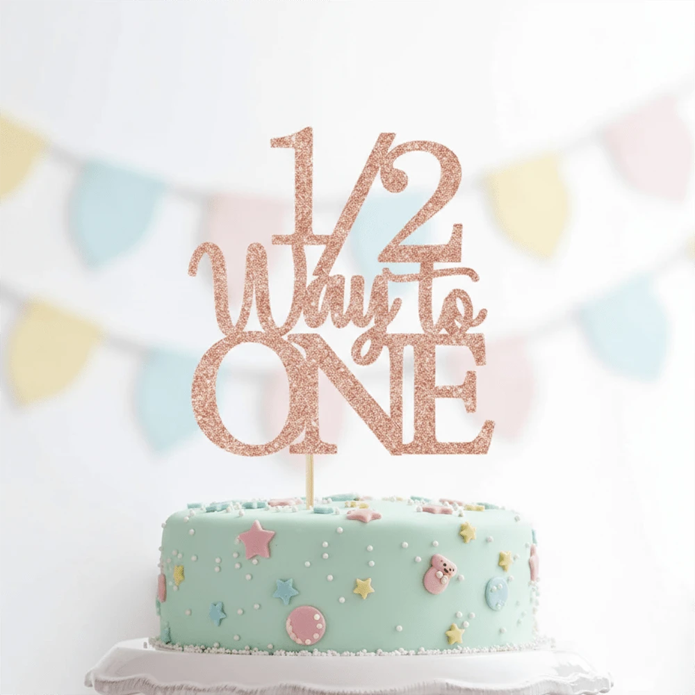 1pc Shiny Rose Gold 6 Months Birthday Cake Topper, Milestone Birthday Party Decor - 1/2 Way to One - View 1