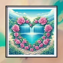 1件套全新心形玫瑰瀑布主题钻石画套装，5D圆形水晶钻石马赛克DIY工艺品，适合制作手工礼物，装饰客厅、卧室，可用于宰牲节、父亲节、母亲节、婚礼、五一劳动节、复活节、圣诞节、情人节等场合，无框。 - 查看 10