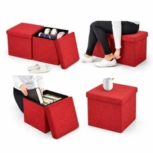 Cubo Puf Organizador De Lino Plegable Multiusos Con Tapa Acolchada Y Gran Capacidad De Almacenamiento 38x38x38cm - Rojo - Ver 2
