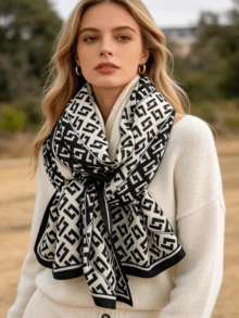1 pieza Bufanda grande de mujer con estampado de cuadros, suave y agradable a la piel con sensación de seda, chal para protección solar en primavera/verano - Blanco y negro L - Ver 3