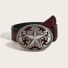 1 pieza Cinturón casual de estilo vintage occidental para hombres con hebilla metálica en forma de estrella de cinco puntas, patrón de relieve floral irregular en color aleatorio, adecuado para uso diario - Rojo en relieve - Ver 4