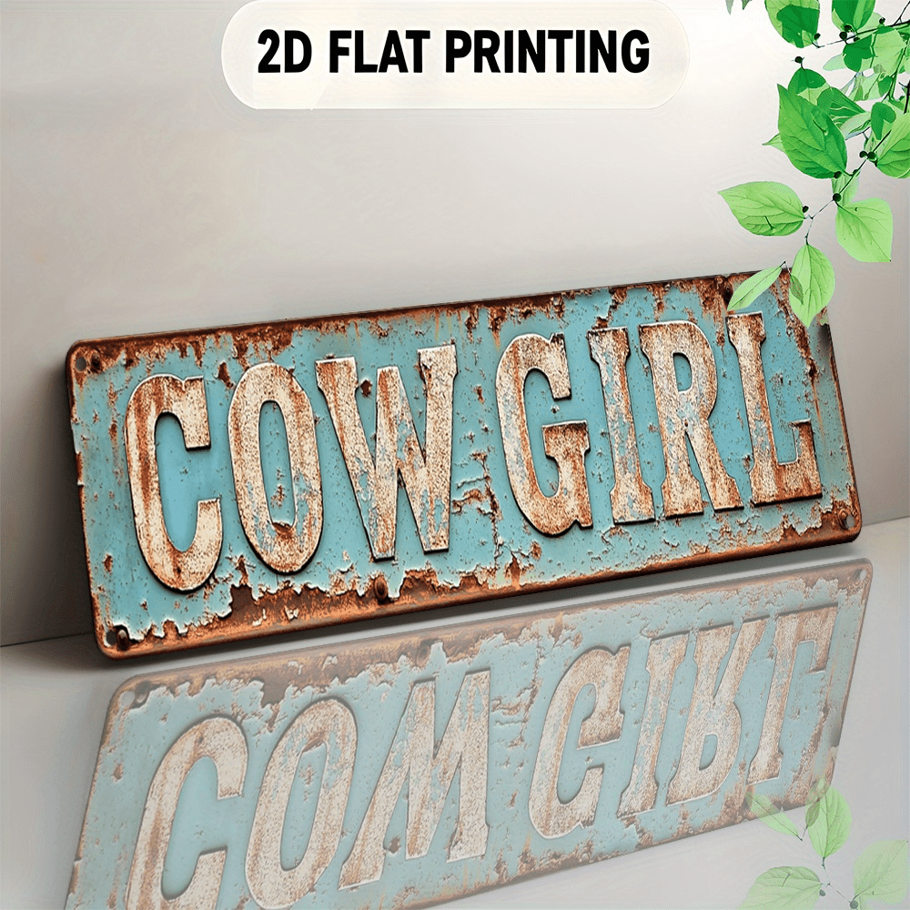 Vintage Decorative Art Style "Cowgirl" Metal Sign - Distressed Turquoise & White Dual-Tone Metal Wall Decor, Size 16x4 Inches, Pre-Drilled Holes For Easy Hanging - Suitable For Bar, Restaurant, Porch, Garden, Western Themed Spaces, Cowboy Decor, 2D Flat Design, Perfect For Interior Decoration, 2D Flat Style
