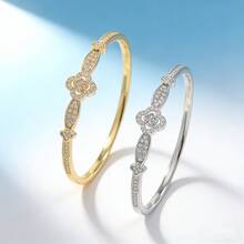 1pc Luxury 18K Gold Plated Copper Bracelet With Cubic Zirconia, Classic Four-Leaf Clover Design Daily Jewelry, Gift For Friends - Multicolor - View 8