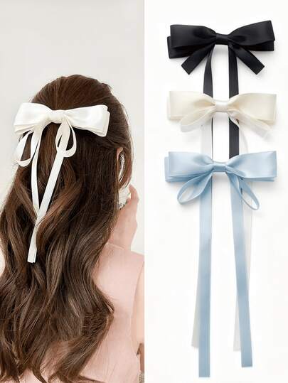 1/3 Piezas Clips para el cabello de mujer con lazo de doble capa, accesorios para el cabello, azul claro, negro, beige, elemento de lazo extra largo, versátil para uso diario, estilo dulce de princesa, elegante de alta gama, adecuado para coleta, flequillo lateral, viaje, fiesta, San Valentín, cita, clips de pinza, clips para el cabello