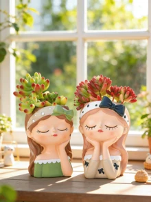 逼真的人头造型多肉植物盆栽，可爱树脂仙人掌花盆，创意装饰，男女皆宜，非常适合办公室和花园装饰。 - B - 查看 3