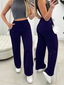 Women's Wide-Leg Pants With Bow Detail And Bag For Winter. - Màu xanh hải quân - Xem 2