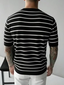 GRDR Men's Minimalist Striped Basic Crew Neck Short Sleeve Knit Sweater, Spring/Summer - Black - View 3