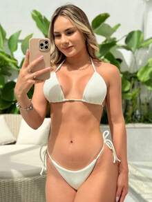 Zoe Elegance Triangle Bikini Set, Textured Fabric With Knot And Bow, Luxury Beachwear Set For Women, Summer, Premium Swimwear - trắng - Xem 1