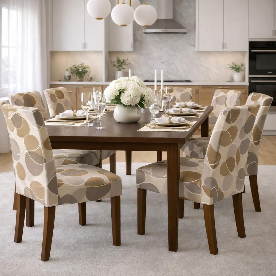 Chair Cover Set For 6 People, Kitchen/Dining Room, Printed Gel Knit - 有機棕色 - 查看 1