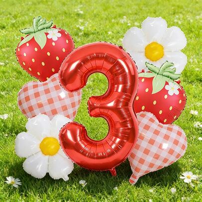 7pcs Red Matte Strawberry Number Foil Balloon Set, Includes 32" Red Number, 18" Plaid Heart, Daisy Flowers And Cute Strawberries. Suitable For Strawberry Birthday Party Decor, Gender Reveal And Baby Shower Events, Party Venue Decoration, Hawaiian Style Balloon Set, Berry-Themed Occasions