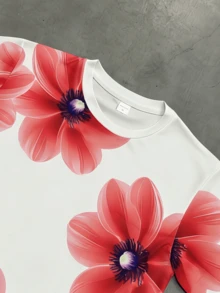 男士百合花印花短袖T恤，宽松透气休闲上衣，适合夏季度假 - 紅白色 - 查看 5