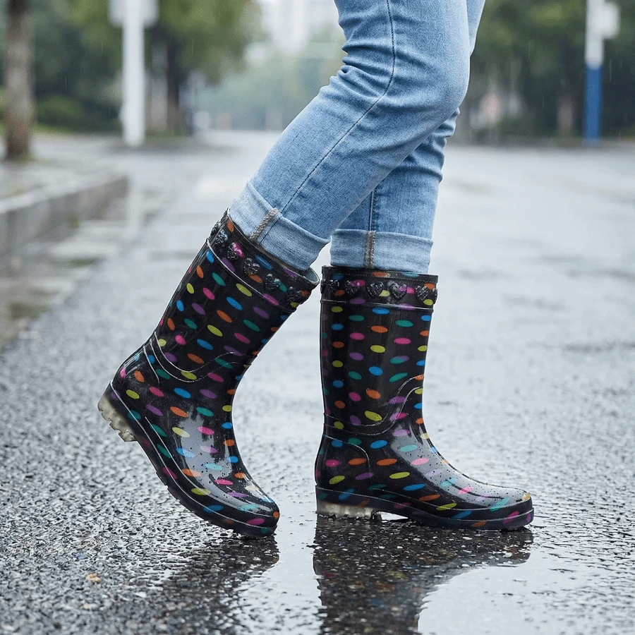 Women's Mid-Calf Anti-Slip Rain Boots, Colorful Polka Dot Fashion Style, Suitable For Fishing, Motorcycle Riding, PVC Upper, High-Quality Reinforced Sole, Comfortable & Durable Outdoor Rain Boots