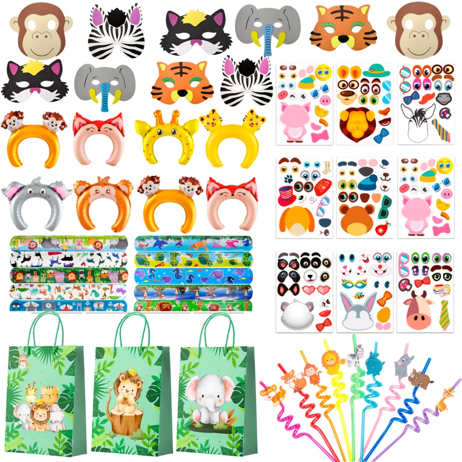 60pcs Jungle Animal Party Favors,Jungle Animal Birthday Party Favors Set Includes Animal Party Slap Bracelets Stickers Straws Balloon, Animal Mask, Animal Goodie Bags Etc Jungle Party Favors	 Kids Birthday Party Favors