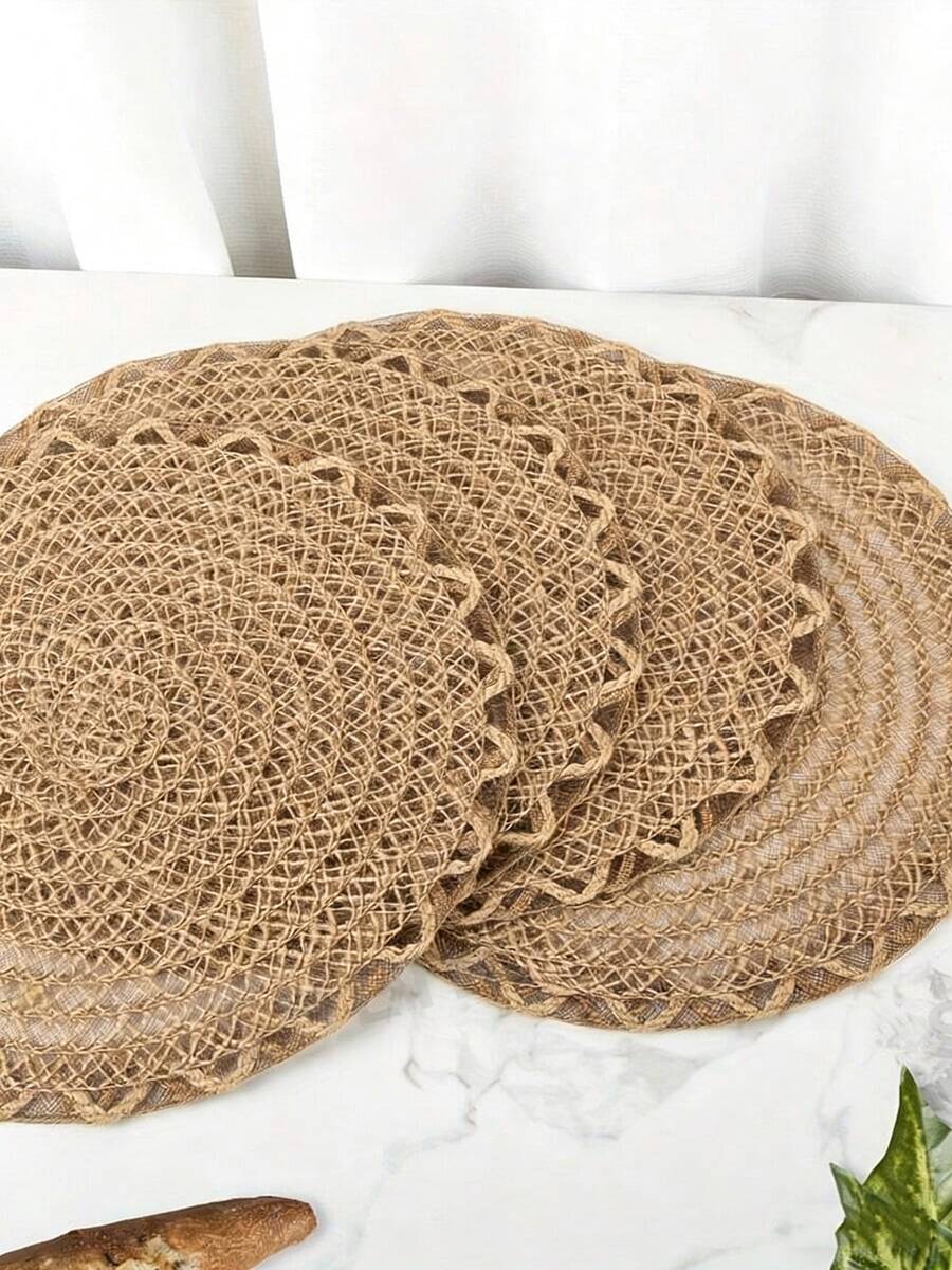 1/4/6/12pcs Bohemian Style Solid Color Woven Rope Round Placemats, Dining Table Decor, Home Party Tabletop Decoration - Khaki - View 1
