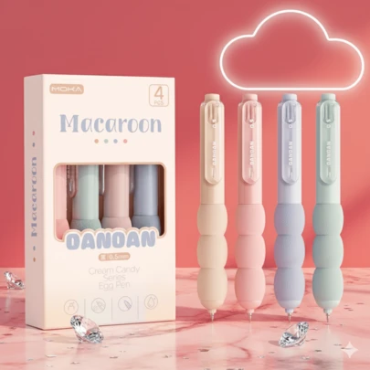 4pcs/Box Stylish Minimalist Creative Round Soft Grip Retractable Pens, Multiple Styles, 0.5mm Black Ink Ballpoint Pens For Students & Office Use