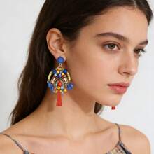 一对手工串珠流苏耳环，适合女性度假佩戴 - 混彩 - 查看 5