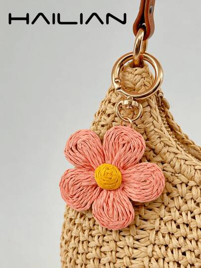 HAILIAN This Raffia Bag Charm, Made Of Alloy Material And Featuring Multicolored Cherry Blossoms And Five-Petaled Flowers Woven From Raffia, Can Be Used As A Bag Charm, Car Key Chain, Or As A Small Gift For Family And Friends.