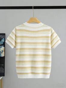 GIGOGOU Nueva camiseta de punto de manga corta con rayas y calado para mujer en verano - Albaricoque - Ver 5