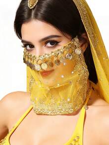 Bohemian Coin Fringe Sequin Embellished Sheer Mesh Face Veil - Exotic Belly Dance Accessory, Music Festival & Halloween Cosplay Face Decor (Multiple Colors Available) - Multicolor - View 12
